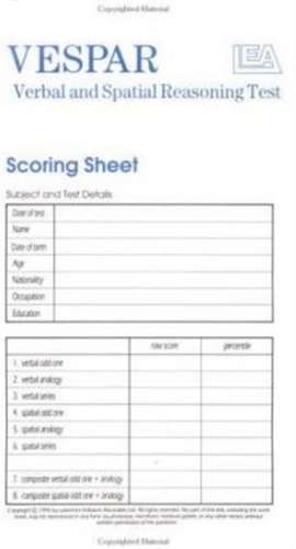 Vespar Test Scoring Sheets: Packs of 25 de Dawn W. Langdon