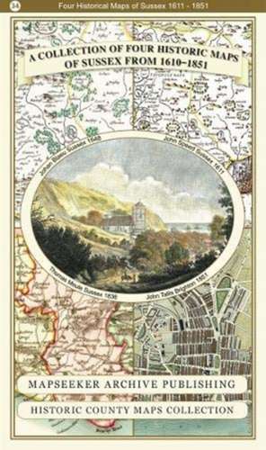 A County of Sussex 1611 - 1836 - Fold Up Map that features a collection of Four Historic Maps, John Speed's County Map 1611, Johan Blaeu's County Map of 1648, Thomas Moules County Map of 1836 and a Plan of the City of Brighton from 1851 by John Tallis. The maps feature a number of vignette views from the period including Brighton's Chain Pier. de Mapseeker Publishing Ltd Mapseeker Publishing Ltd