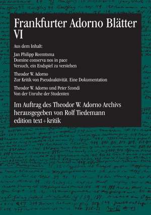 Frankfurter Adorno Blätter 6 de Rolf Theodor W. Adorno Archiv durch Tiedemann