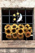 Happy Yellow Sunflowers, the Moon and Stars Decorate a Window in Italy Journal